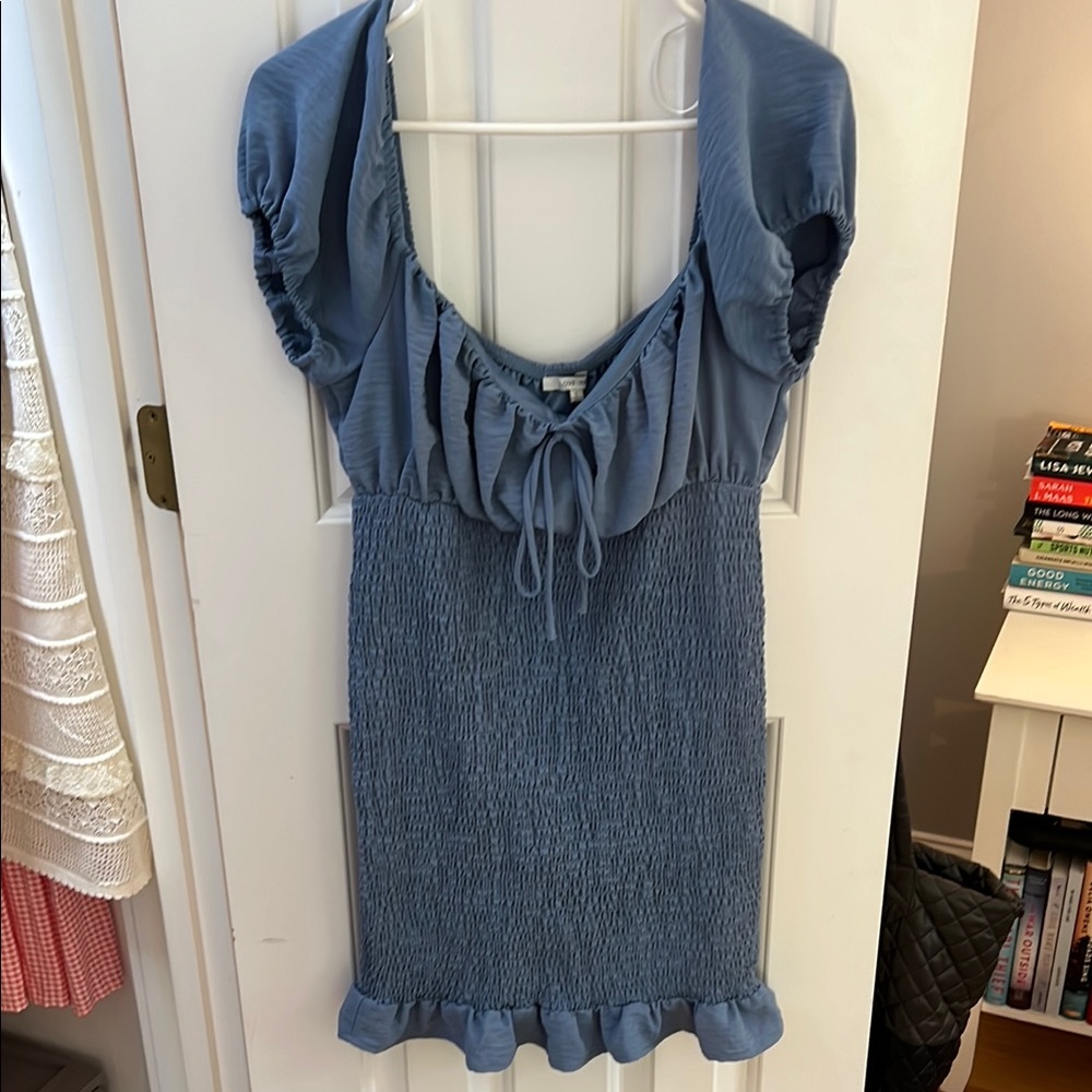 Blue Smocked Dress with Ruffle Hem